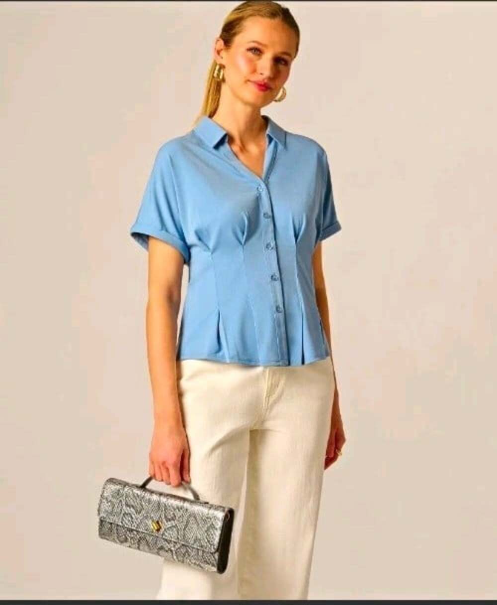 Adrianna Papell Women's Blue Collared Button-Front Short Sleeve Blouse Size L